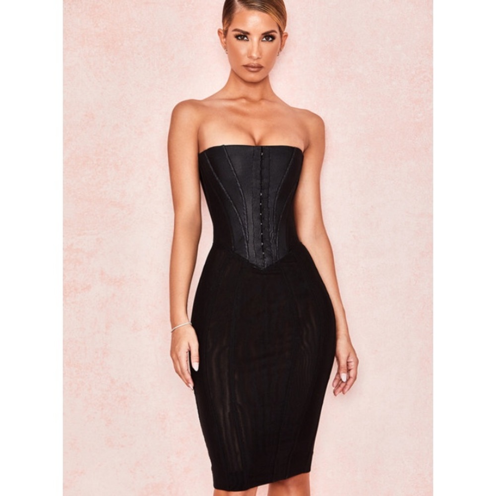 JALEESA' BLACK MESH STRAPLESS CORSET DRESS
